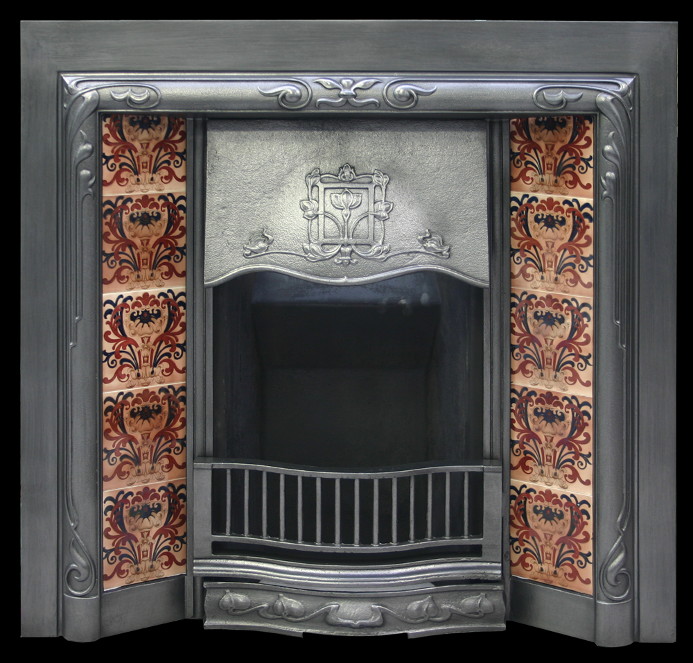 Antique Edwardain Art Nouveau cast iron fireplace grate-0