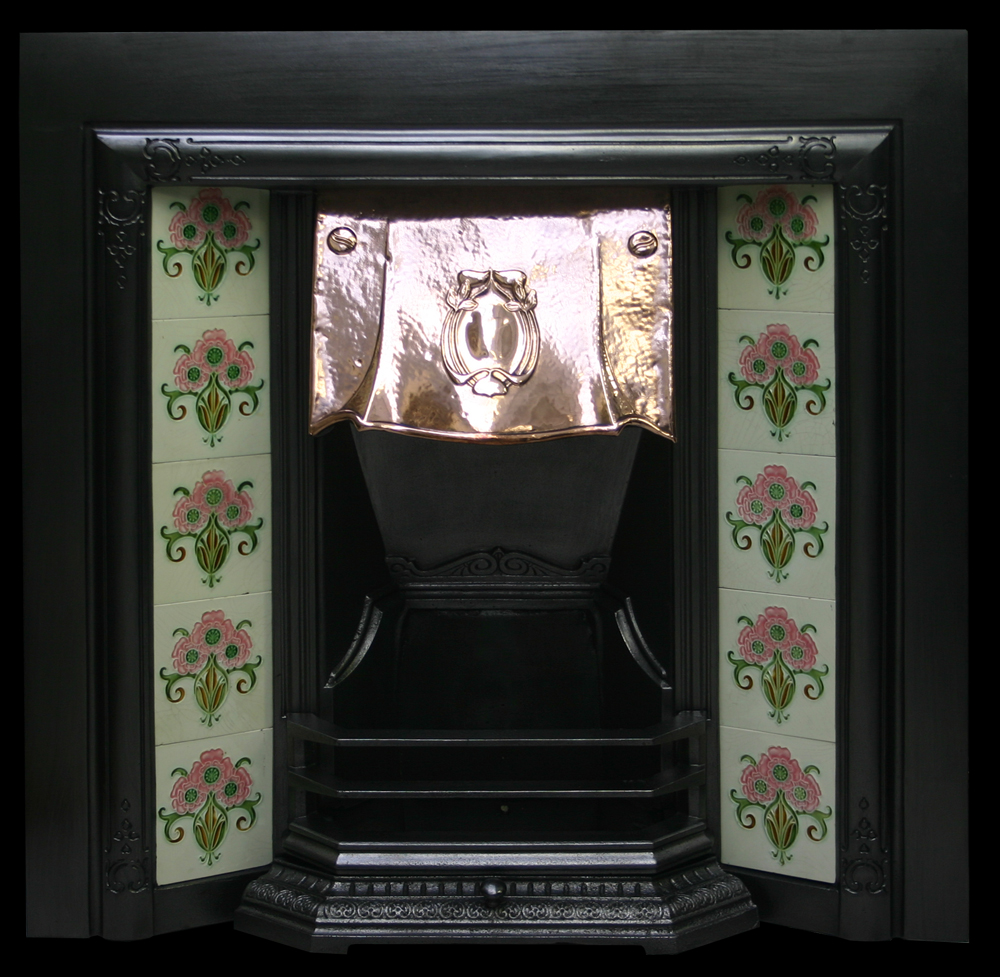 Antique Edwardian Art Nouveau cast iron fireplace insert-0