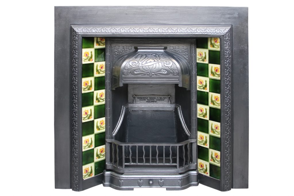 Reclaimed Edwardian Art Nouveau cast iron and tiled fireplace grate-0