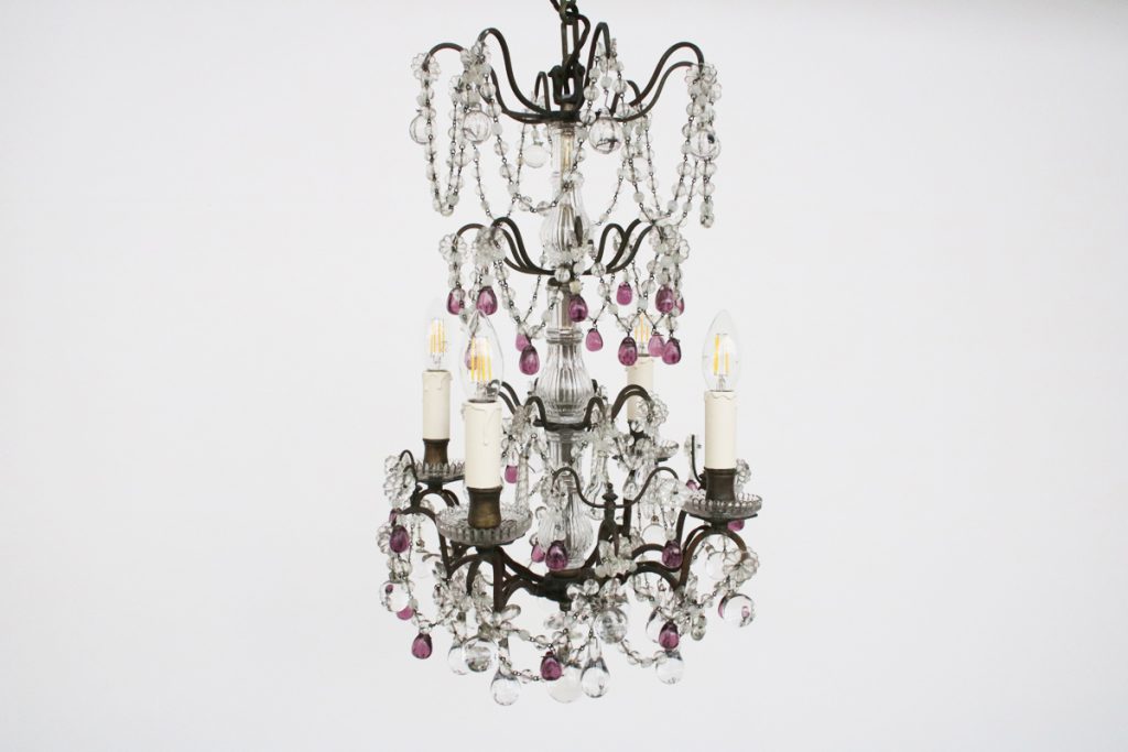 French brass and glass 4 arm chandelier-0