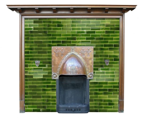 Antique Edwardian Art & Crafts walnut fire surround with tiled back panel-0